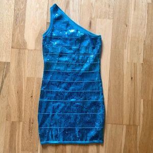 Blue sequin one shoulder bandage dress